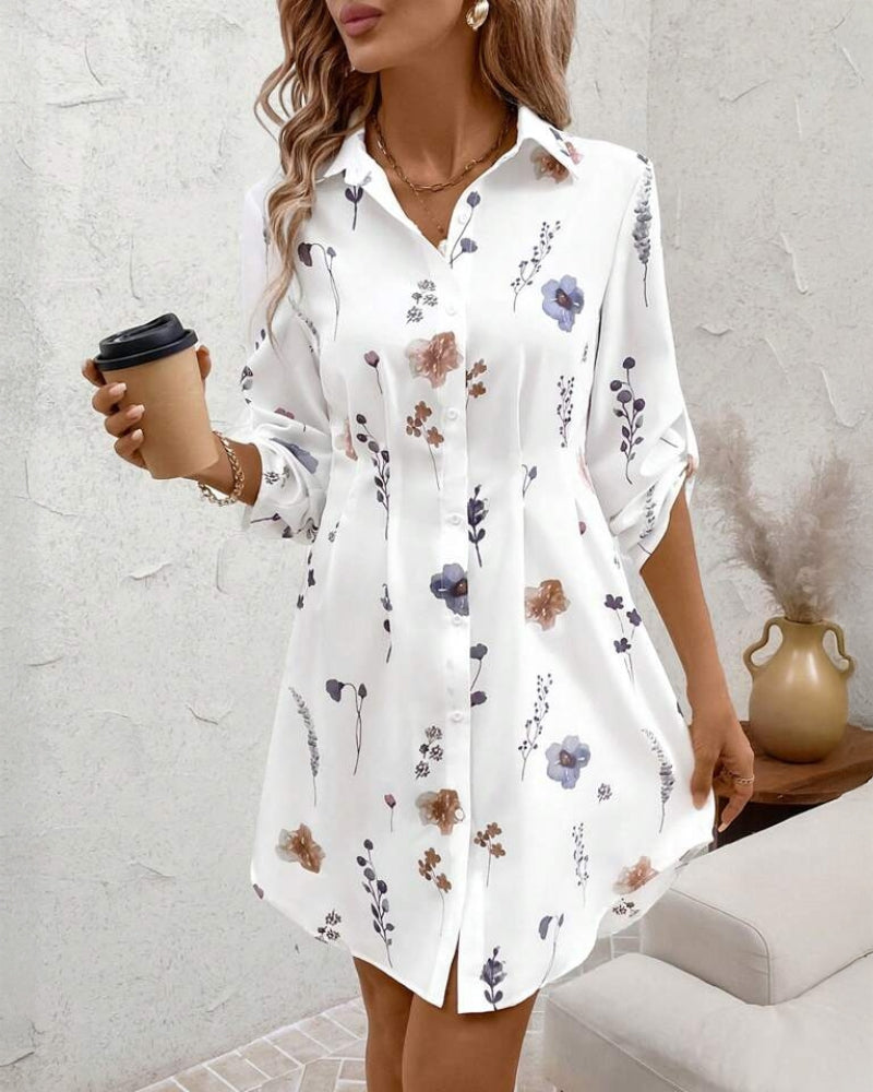 Floral Print Turn down Collar Long Sleeve Shirt Dress