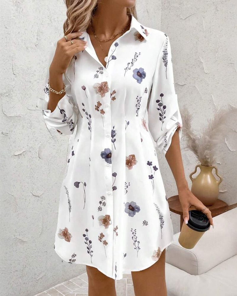 Floral Print Turn down Collar Long Sleeve Shirt Dress