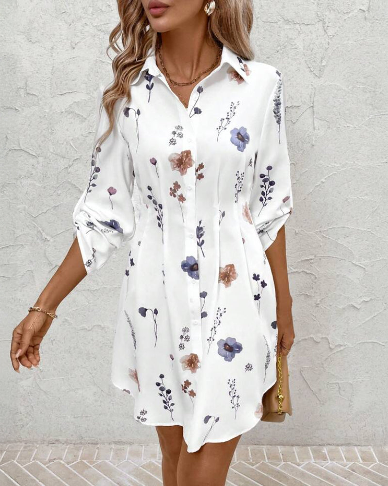 Floral Print Turn down Collar Long Sleeve Shirt Dress