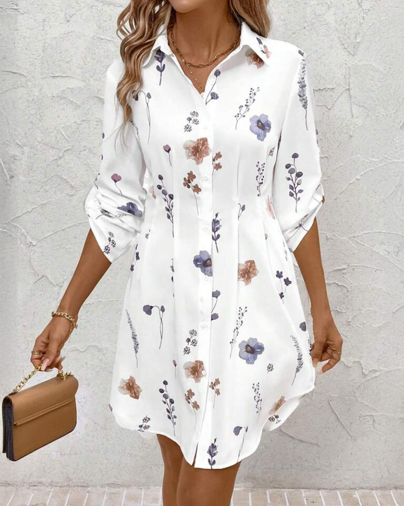 Floral Print Turn down Collar Long Sleeve Shirt Dress