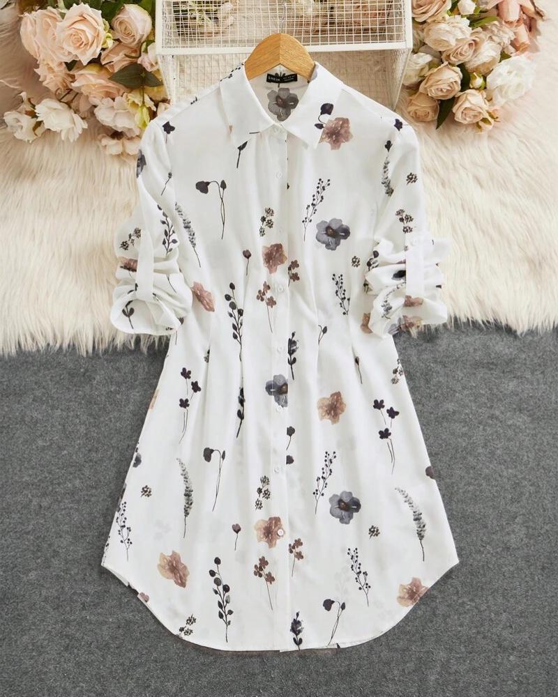 Floral Print Turn down Collar Long Sleeve Shirt Dress