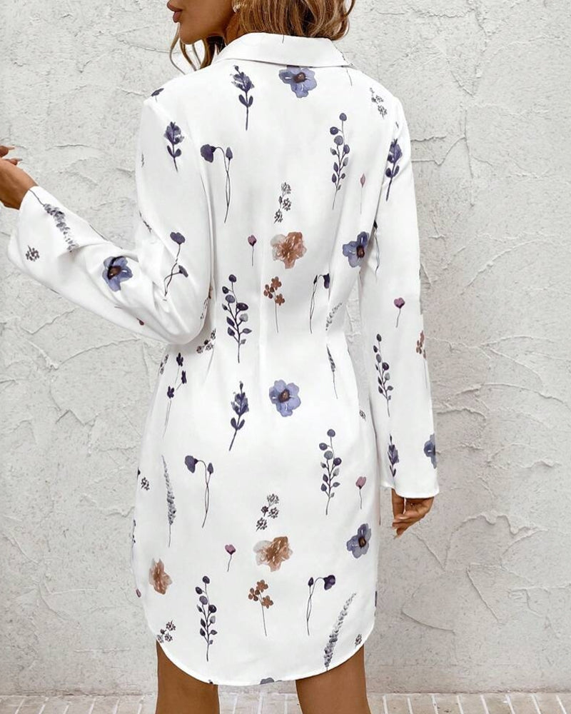 Floral Print Turn down Collar Long Sleeve Shirt Dress