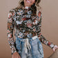 Brown Floral Long Sleeve High Neck Sheath Mesh Blouse