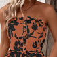 Floral Print Bandeau Shirred Rompers Casual Button Decor Tied Waist Short Jumpsuit