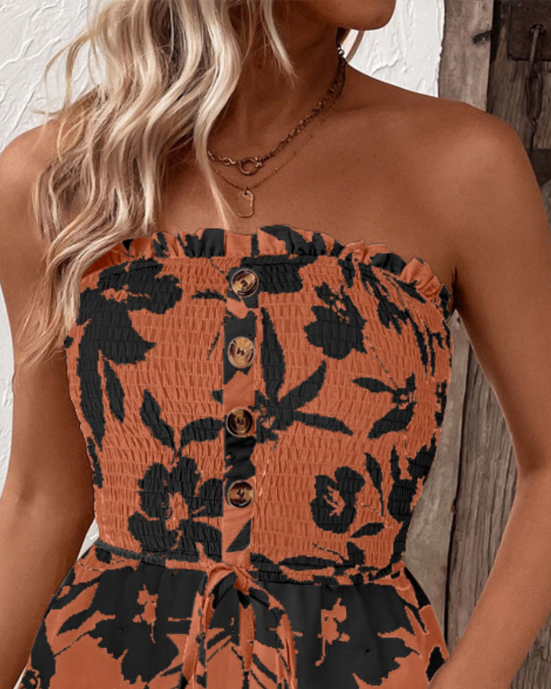 Floral Print Bandeau Shirred Rompers Casual Button Decor Tied Waist Short Jumpsuit