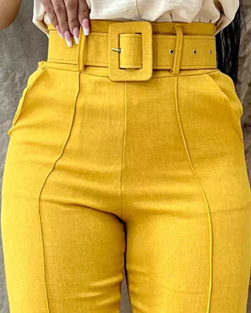High Waist Tied Detail Pencil Pants Casual Slim Fit Cuffed Business Pantts