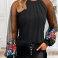Floral Embroidery Round Neck Lantern Sleeve Blouse Sexy Sheer Mesh Patch Ruched Top