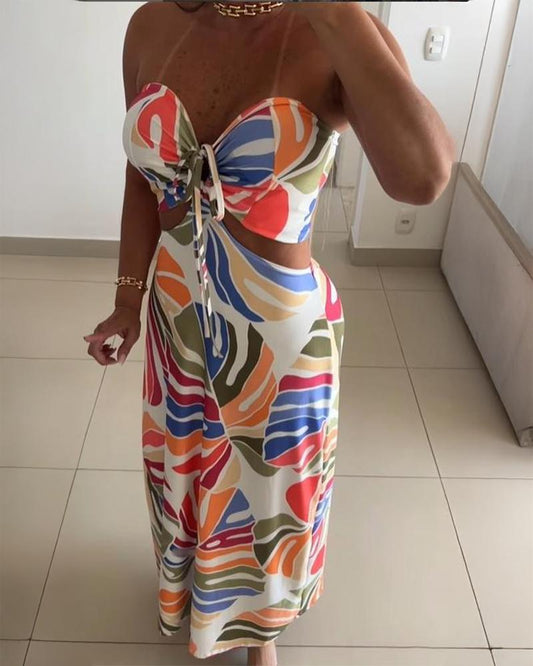 Colorblock Plants Print Bandeau Lace Up Maxi Dress Casual Hollow Out Sleeveless Vacation Dress