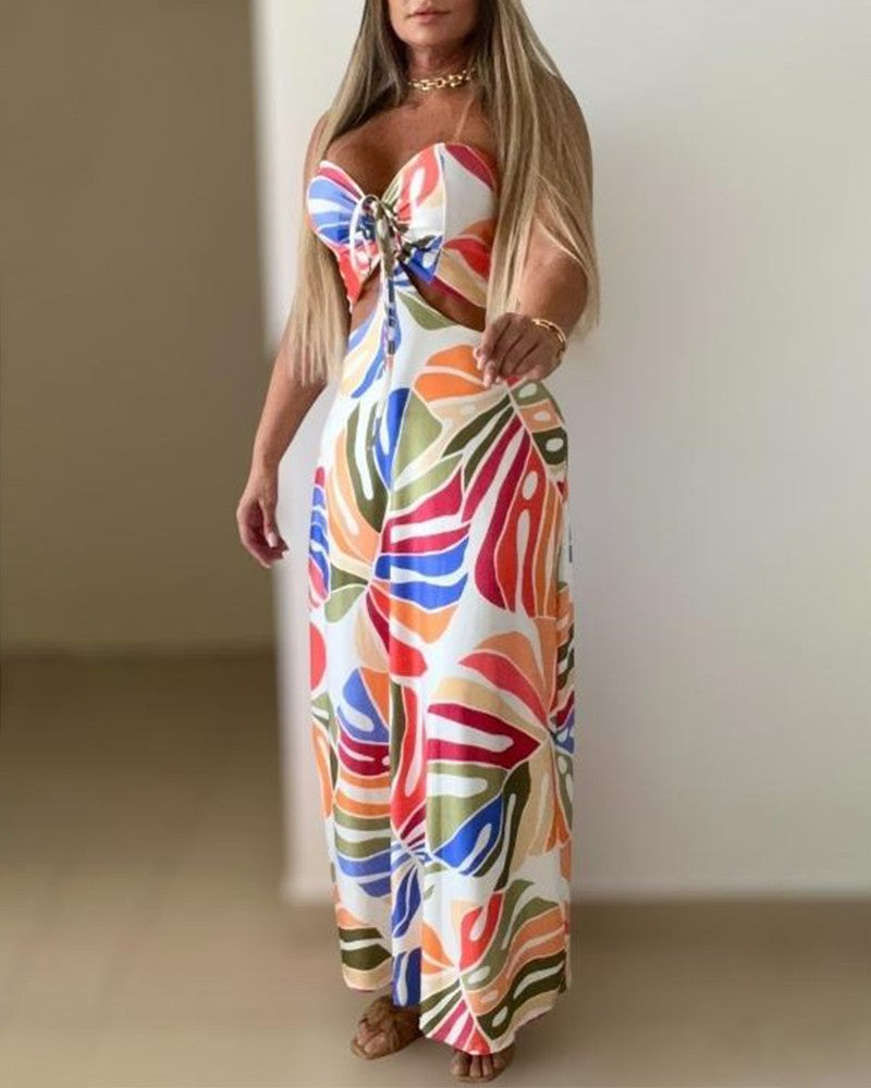 Colorblock Plants Print Bandeau Lace Up Maxi Dress Casual Hollow Out Sleeveless Vacation Dress