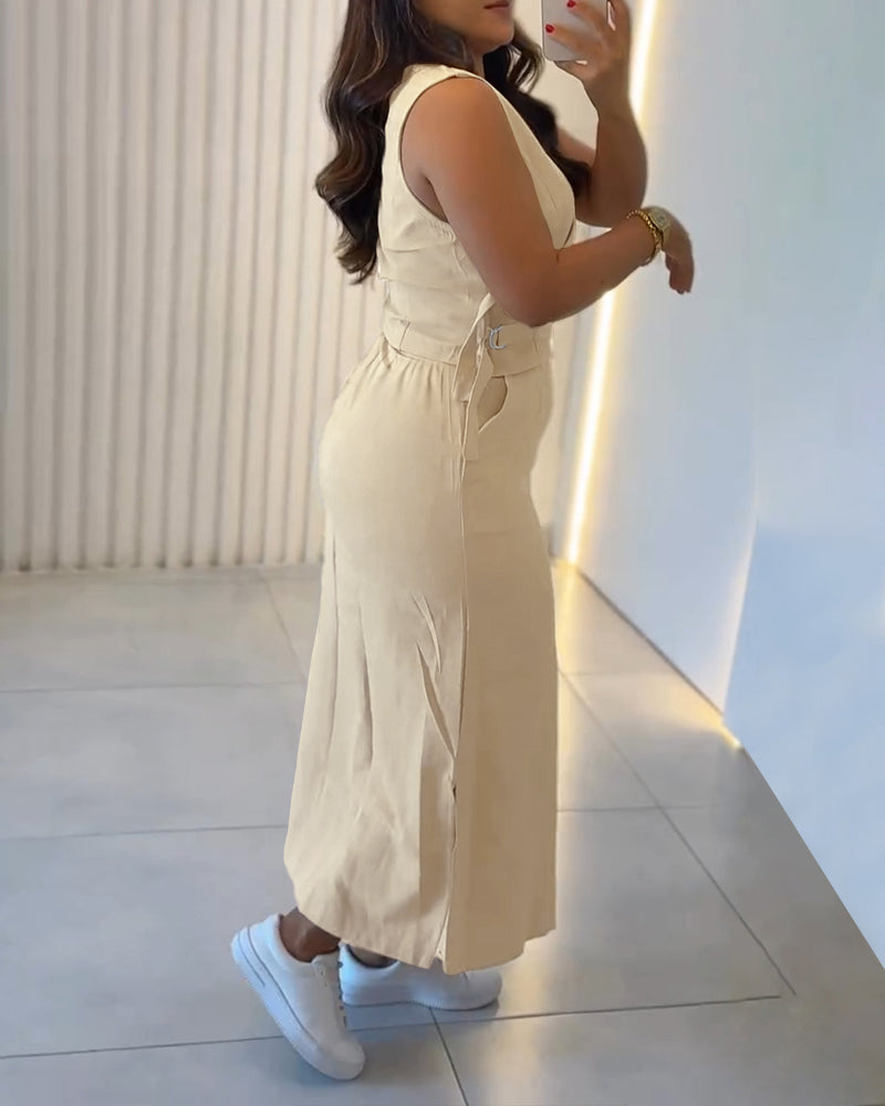2 Pieces Outfit Sleeveless Waist Buckle Decor Tank and Casual High Waist Slit Skirt Set