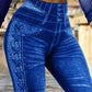 Side Floral Print Fake Denim High Waist Workout Leggings Butt Lifting Tights Trousers