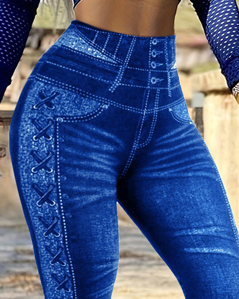 Side Floral Print Fake Denim High Waist Workout Leggings Butt Lifting Tights Trousers