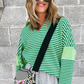 Green Stripe Turn-Down V Neck Patchwork Loose Top