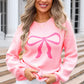 Pink Bow Graphic Drop Shoulder Round Neck Sweater