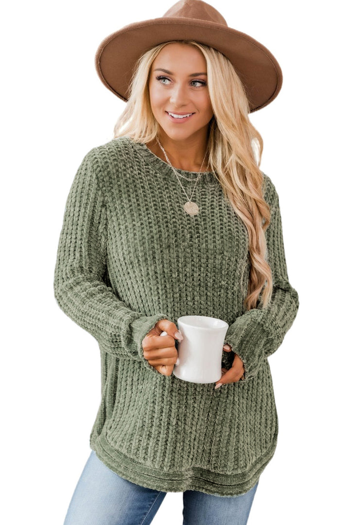Green Long Sleeve Round Hem Cable Knit Sweater