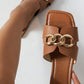 Chestnut Metal Chain Decor Square Toe Faux Leather Slippers
