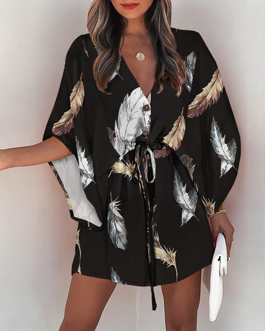 Feather Print Batwing Sleeve Tied Detail Casual Dress