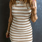 Khaki Stripe Hollowed Knit Sleeveless Sweater Dress