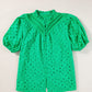 Green Flower Embroidered Hollow-out Puff Sleeve Blouse