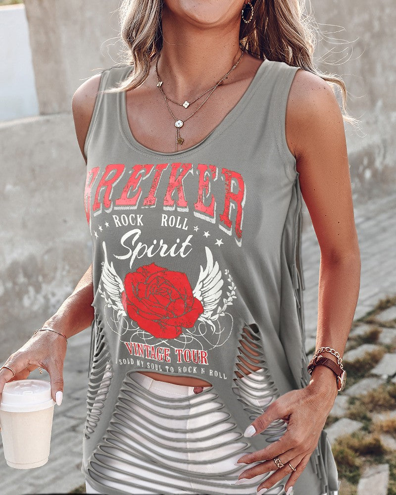 Floral Letter Print Ladder Cutout Tank Top