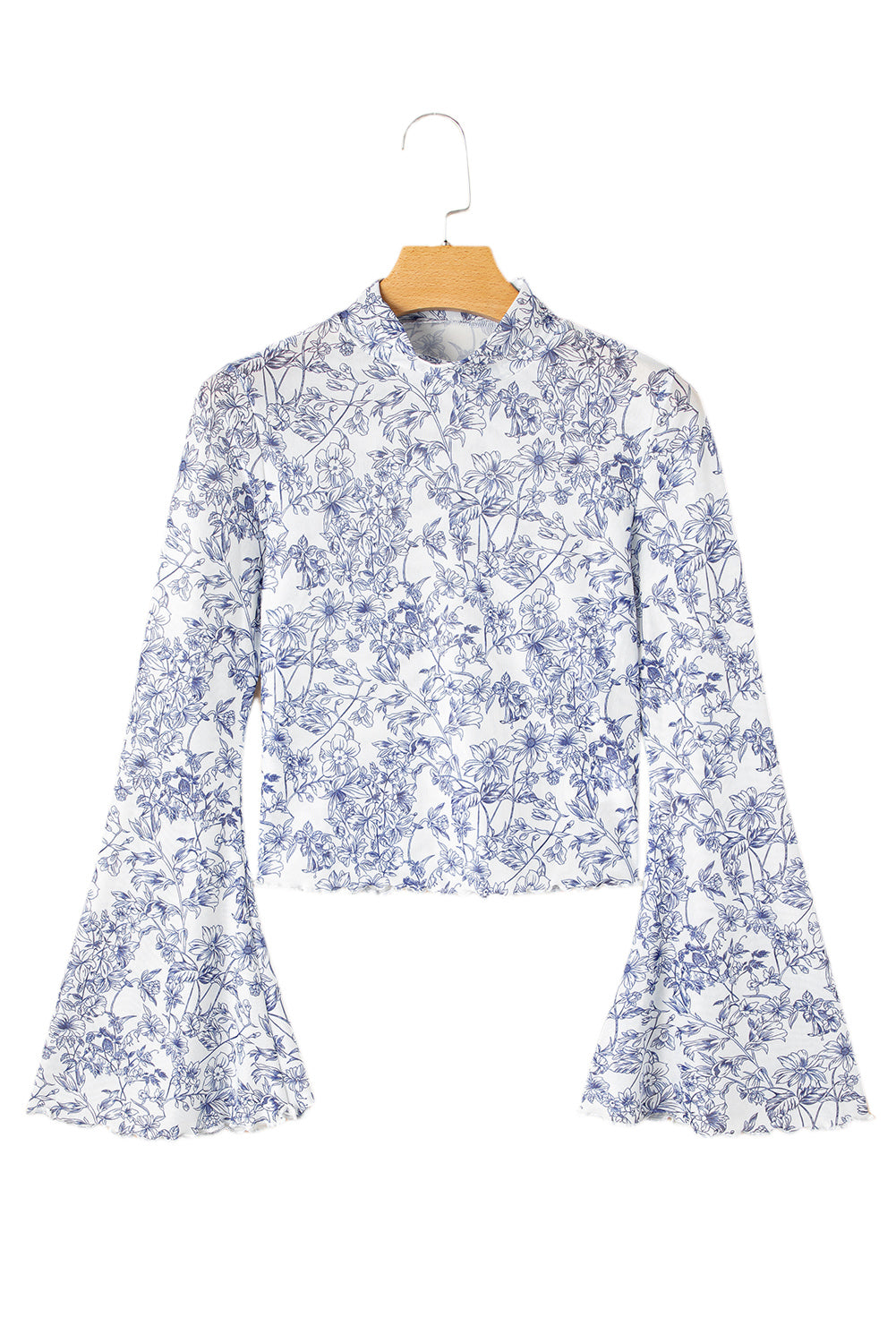 Sky Blue Floral Bell Sleeve Mock Neck Crop Mesh Top