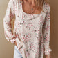 Pink Floral Print Pleated U Neck Loose Fit Blouse
