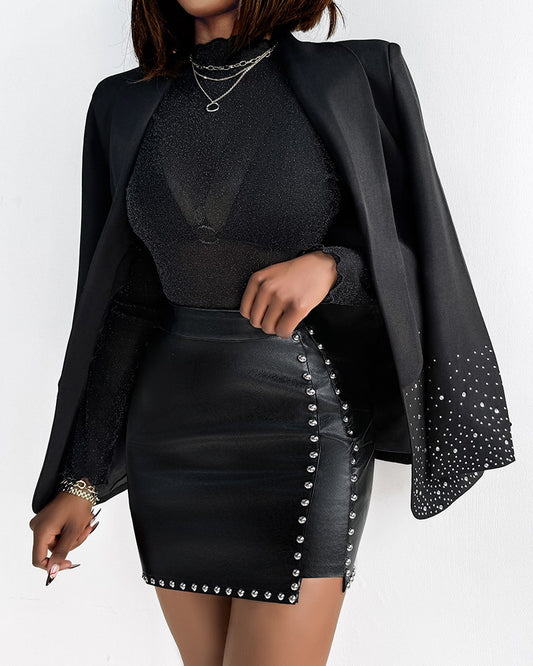 PU Studded High Waist A Line Skirt Casual Irregular Bodycon Mini Skirt