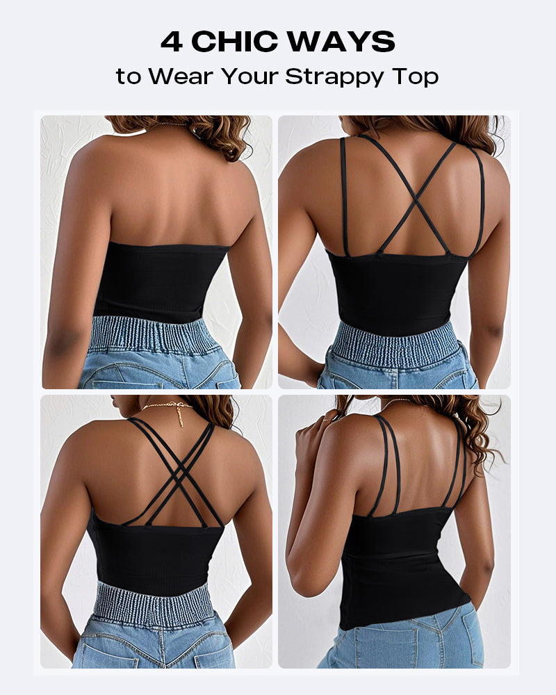 Spaghetti Strap Built in Bra Slim Fit Tank Top Sexy Back Criss Cross Workout Camisole Tops