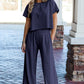 Navy Blue Raw Hem Loose Tee and Wide Leg Pants Set