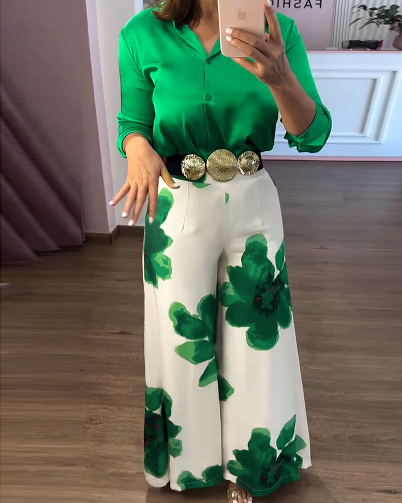 2 Pieces Outfit Long Sleeve Satin Blouse and Casual Floral Print High Waist Wide Leg Pants Set