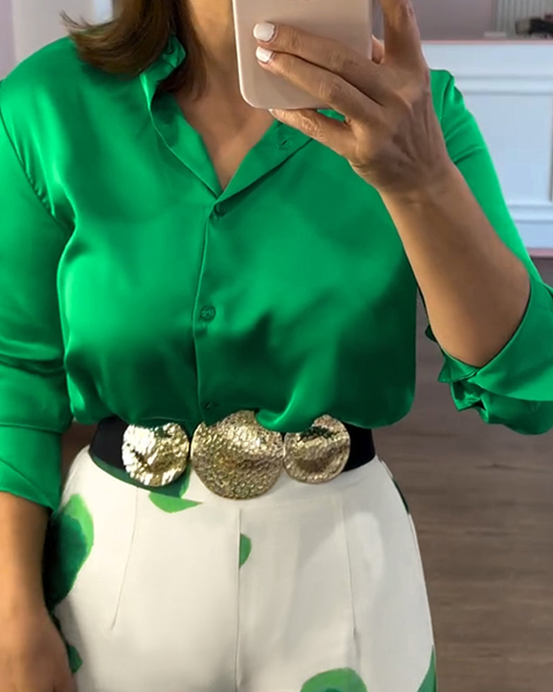 2 Pieces Outfit Long Sleeve Satin Blouse and Casual Floral Print High Waist Wide Leg Pants Set