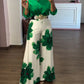 2 Pieces Outfit Long Sleeve Satin Blouse and Casual Floral Print High Waist Wide Leg Pants Set