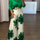 2 Pieces Outfit Long Sleeve Satin Blouse and Casual Floral Print High Waist Wide Leg Pants Set