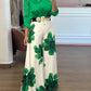 2 Pieces Outfit Long Sleeve Satin Blouse and Casual Floral Print High Waist Wide Leg Pants Set
