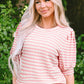 Pink Stripe Textured Puff Sleeve Crewneck Top