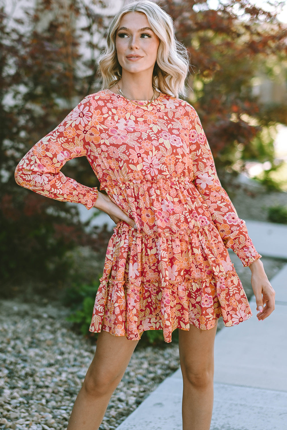 Printed Floral Long Sleeve Frill Tiered Mini Dress