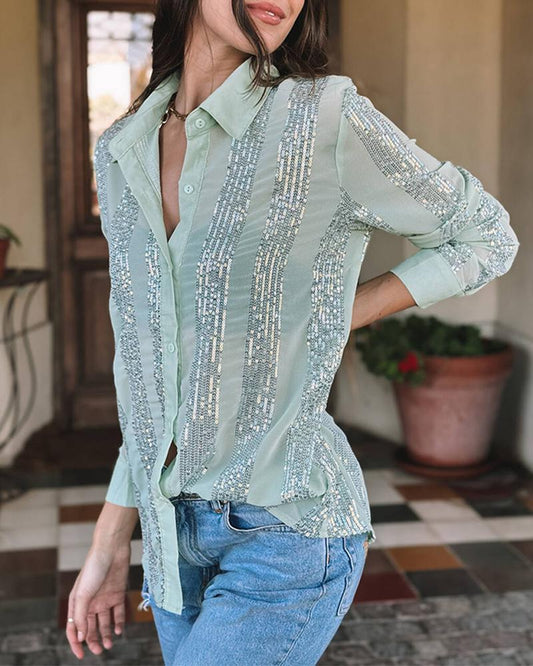 Contrast Sequin Long Sleeve Buttoned Top