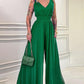 Plunge V Neck Ruched Strap Sleeveless Jumpsuit Casual Waist Shirred Wide Leg Romper