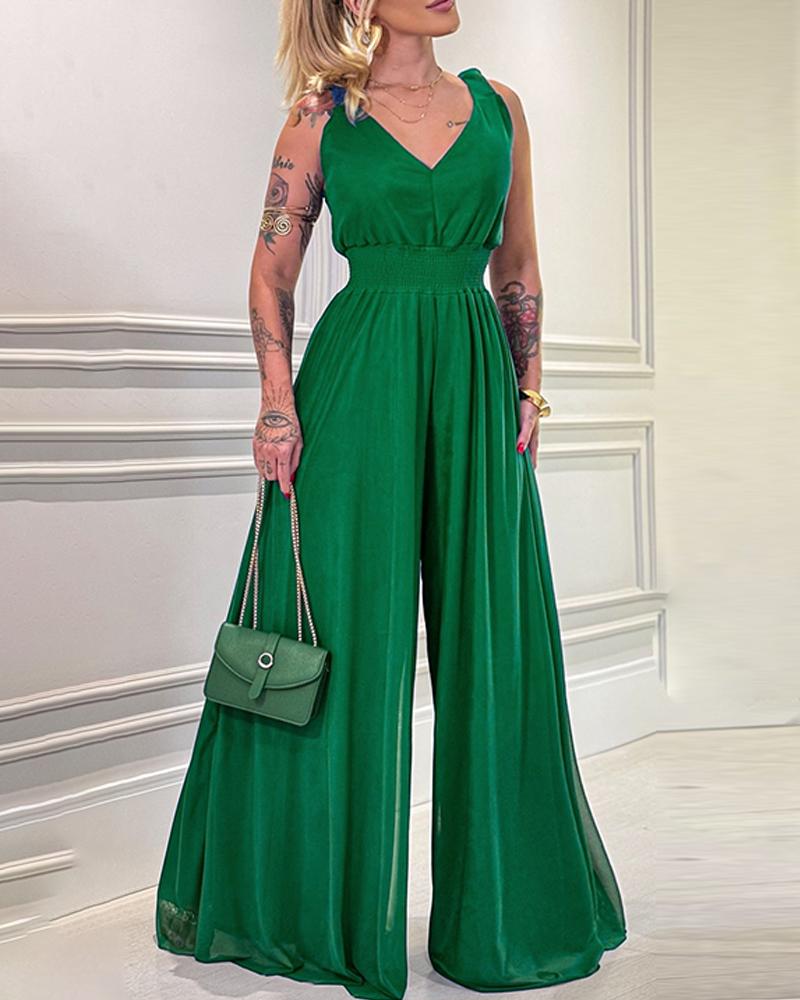 Plunge V Neck Ruched Strap Sleeveless Jumpsuit Casual Waist Shirred Wide Leg Romper