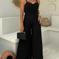 Pleated V Neck Spaghetti Strap Waist Jumpsuit Casual Wide Leg Flared Romper