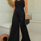 Pleated V Neck Spaghetti Strap Waist Jumpsuit Casual Wide Leg Flared Romper