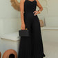 Pleated V Neck Spaghetti Strap Waist Jumpsuit Casual Wide Leg Flared Romper