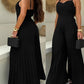 Pleated V Neck Spaghetti Strap Waist Jumpsuit Casual Wide Leg Flared Romper