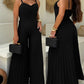 Pleated V Neck Spaghetti Strap Waist Jumpsuit Casual Wide Leg Flared Romper