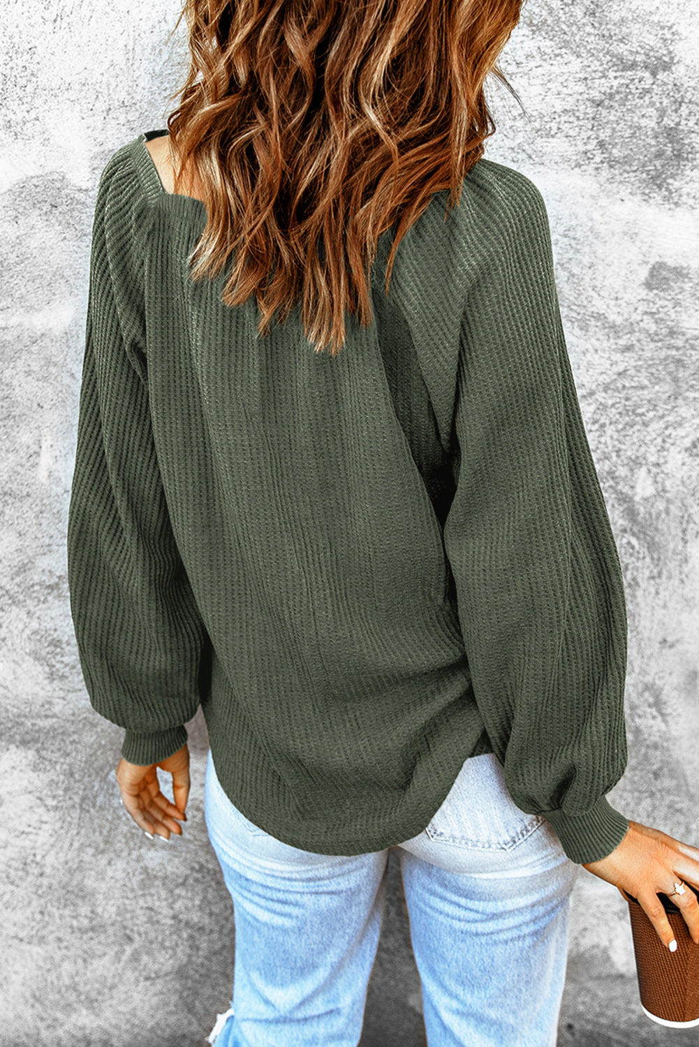 Green Scoop Neck Puff Sleeve Waffle Knit Top