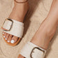 Beige Buckle Decor Linen Upper Flat Slippers