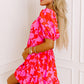 Red Floral Bubble Sleeve Sweetheart Neck Ruffled Mini Dress