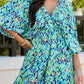 Green Abstract Print Puff Sleeve V Neck High Waist Romper