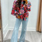Red Floral Printed Balloon Sleeve Half Buttons Blouse