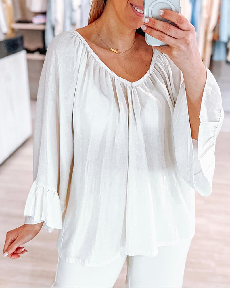 Crochet Lace Ruched Ruffle Hem Casual Top